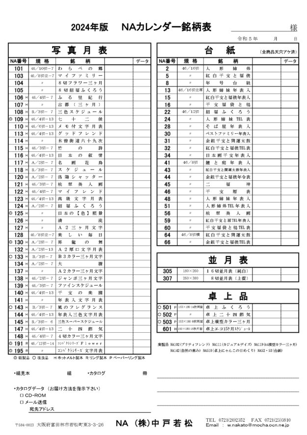 2024年度 NAカレンダー　銘柄表