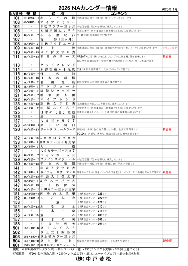 2026　NAカレンダー情報