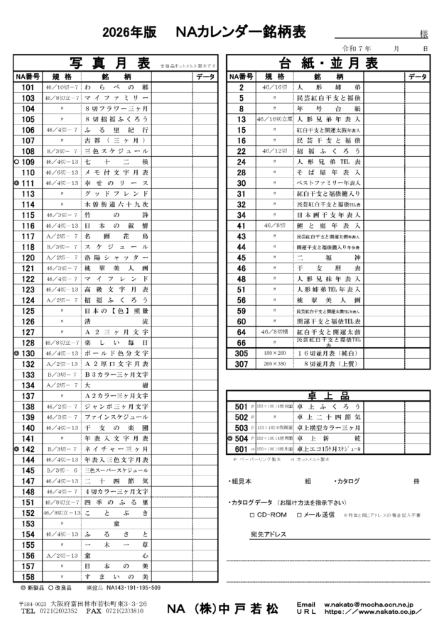 2026年版　NAカレンダー銘柄表